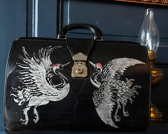 Luxury Vintage  Doctor Bag featuring hand drawn, Japanese crane, tattoo style