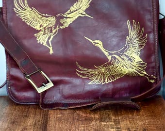Vintage leather messenger bag with hand drawn, Japanese crane design