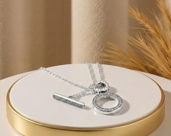 Double Hoop T-bar Necklace, 45cm Long Chain, Sterling Silver Accessory.