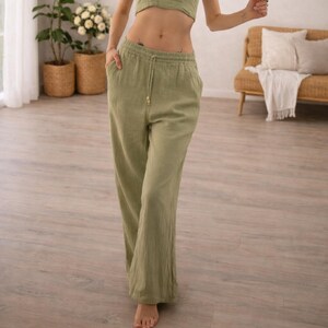 Linen Style Cotton Muslin Wide Leg Pants -  Summer Trousers
