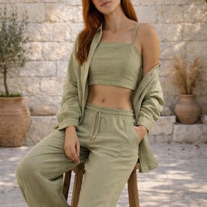 Organic Muslin Set – 100% Cotton Shirt, Pant & Crop Top - Olive Boho Co-ord