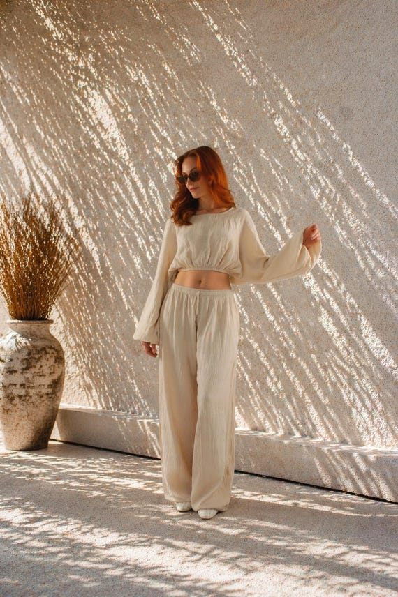 100% Cotton Muslin Two-Piece Set, Wide Leg Pants, Loose Fit Outfit
