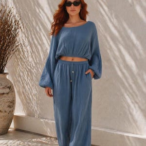 100% Cotton Muslin Two-Piece Set, Wide Leg Pants, Loose Fit Outfit image 9