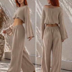 100% Cotton Muslin Two-Piece Set, Wide Leg Pants, Loose Fit Outfit image 6