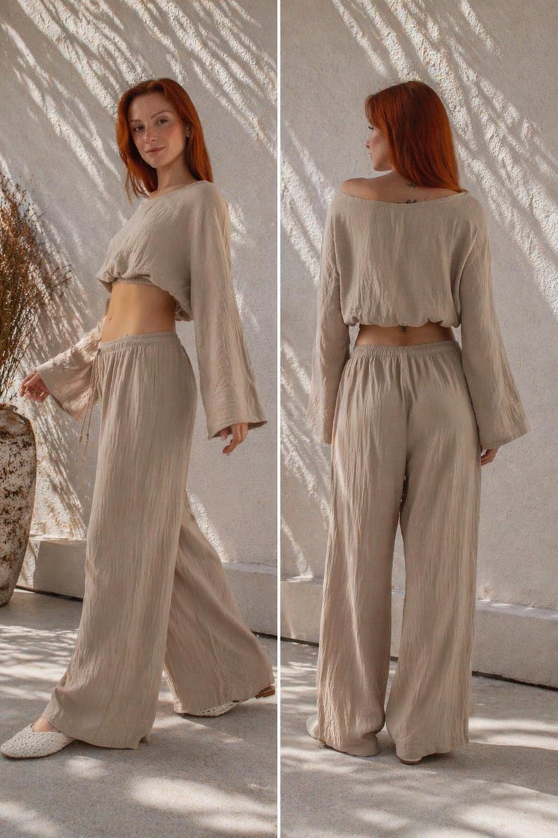100% Cotton Muslin Two-Piece Set, Wide Leg Pants, Loose Fit Outfit image 6