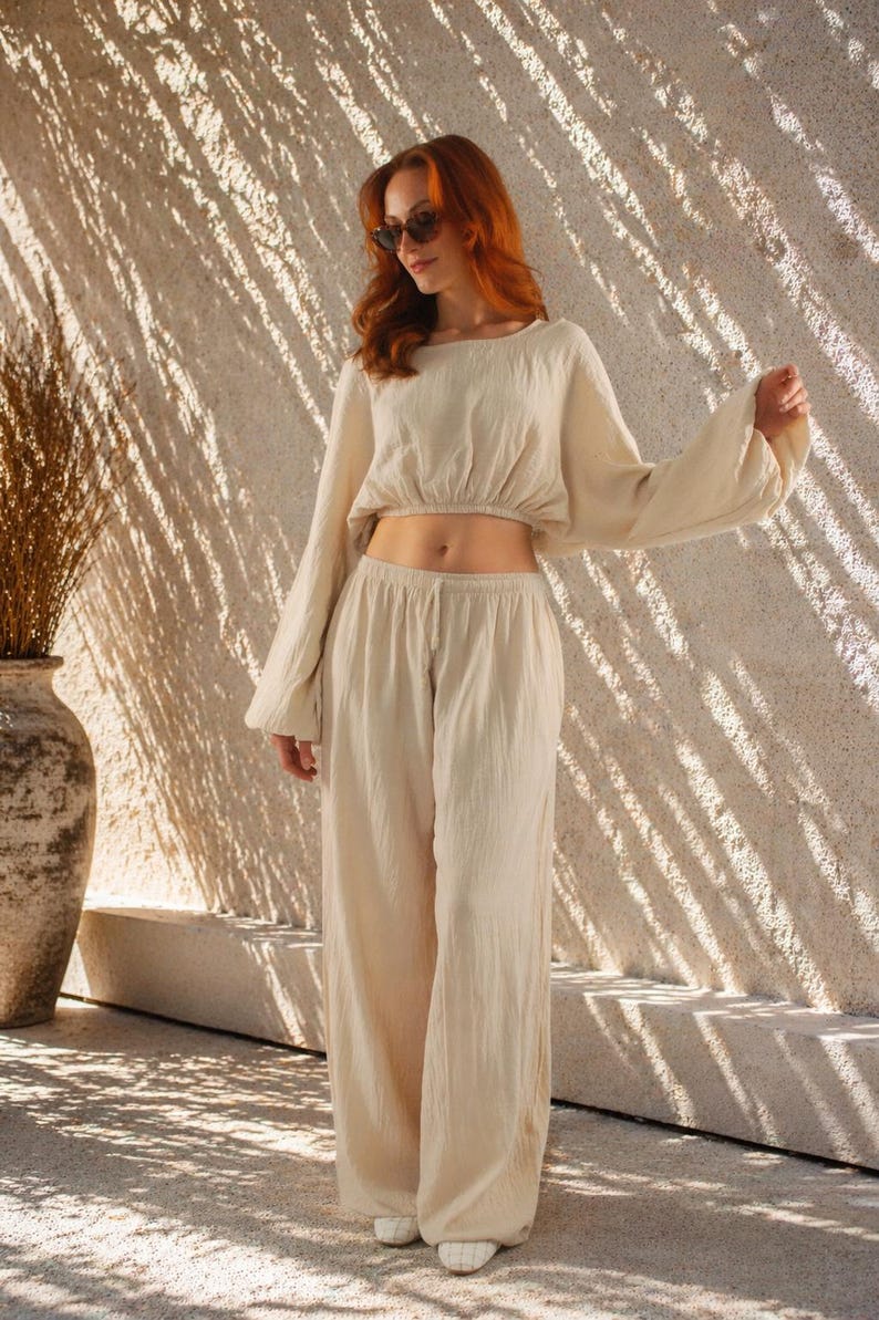 100% Cotton Muslin Two-Piece Set, Wide Leg Pants, Loose Fit Outfit Ivory