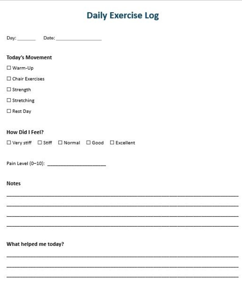 28-day Chair Exercise Tracker for Seniors | Printable Fitness Log (PDF ...