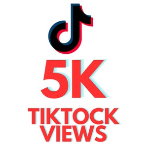 Puede incluir: Gráfico con el logo de TikTok y el texto "5K TIKTOCK VIEWS" en rojo con una sombra azul claro. El logo de TikTok es negro con un contorno azul y un acento rojo.