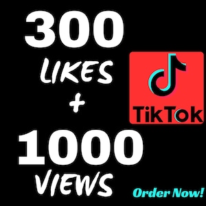 Könnte beinhalten: Eine schwarze Grafik mit dem weißen Text 300 LIKES + 1000 VIEWS. Rechts befindet sich ein rotes Quadrat mit dem schwarzen und cyanfarbenen TikTok-Logo und dem Wort TikTok darunter. In der unteren rechten Ecke steht der Text Order Now! in Cyan.