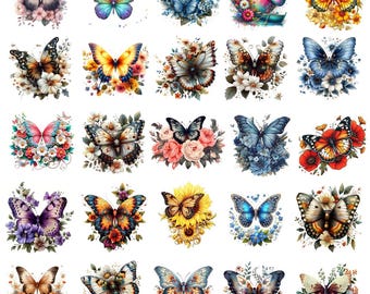 Watercolor Butterfly Clipart Bundle, Monarch Floral PNG, Spring Summer Artwork (Digital Download)