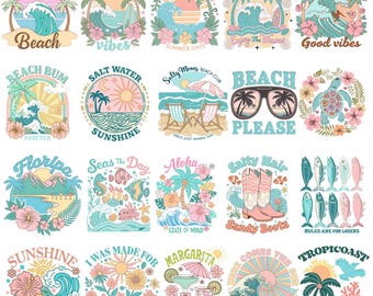 Coastal Summer PNG Bundle, Vintage Summer Beach Flowers Bundle, Trendy Retro Ocean Beach Clipart , Ocean Beach Vacation Design,