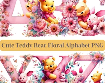 Teddy Bear Floral Alphabet PNG Bundle, Baby Girl Nursery Sublimation Letters