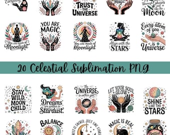 Celestial Sublimation Design Bundle, Mystical Moon PNG, Magic Quotes Clipart, Spiritual Shirt Design PNG, Boho Celestial Graphics