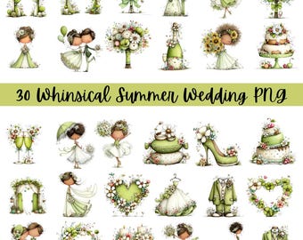 Whimsical Summer Wedding PNG Bundle, Sage Green Wedding Clipart, Cute Bridal Illustration, Romantic Marriage Graphics, Sublimation Design