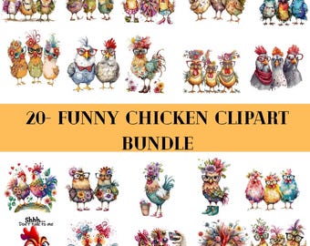 Funny Chicken Clipart Bundle, Floral Spring Farm Life PNG Set