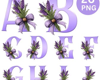 Lavender Floral Alphabet Clipart A-Z, Boho Letter PNG Bundle (Digital Download)