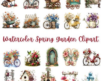 Watercolor Spring Garden Clipart Bundle, Farmhouse Floral Elements (Digital Download)