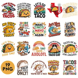 以下が含まれることがあります： I Come In Peace、Let's Go Taco、Taco Cat、Tacos Are My Love Languageなどのフレーズを含む、様々な表情やテーマのタコスを描いた19種類のデジタルグラフィックデザインのコレクションで、鮮やかな色彩で表現されています。
