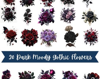 Dark Gothic Roses Clipart: Watercolor Floral PNG (Digital Download)