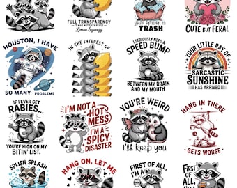 Funny Raccoon PNG Bundle – 16 Sarcastic Raccoon Quotes for Cricut & Sublimation, Cute Animal Sayings PNG Clipart