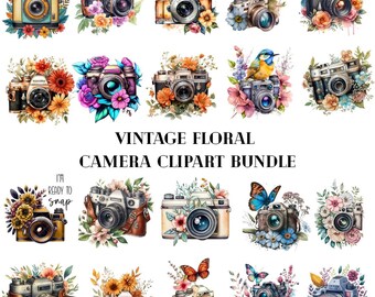 Vintage Floral Camera Clipart Bundle, Burgundy Rose PNG, Romantic Wedding Camera Art, Botanical Branding