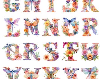 Dragonfly Flower Alphabet Clipart Bundle, Nature Letters PNG (Digital Download)