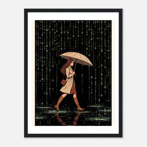 Pode incluir: Ilustração de uma pessoa caminhando na chuva sob um guarda-chuva. A pessoa está vestindo um casaco bege e botas marrons. O fundo apresenta uma chuva digital de números e símbolos verdes, com reflexos nas poças.