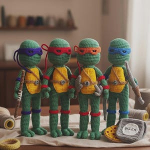 May include: Four handmade crochet Teenage Mutant Ninja Turtles dolls. Each turtle is green with a different coloured mask: purple, red, orange, and blue. They wear yellow shells and have matching coloured arm and leg bands. Each turtle holds a weapon. A pizza slice is also present.