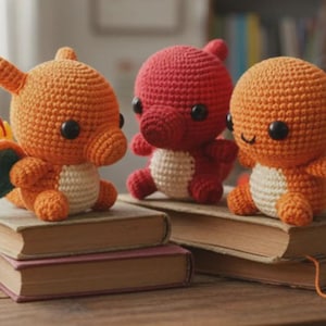 May include: Three handmade crochet figures in orange and red, resembling cartoon characters, sit atop old books. The orange figures have black eyes and yellow and green accents. The red figure is in the center. A cup of coffee sits in the background.