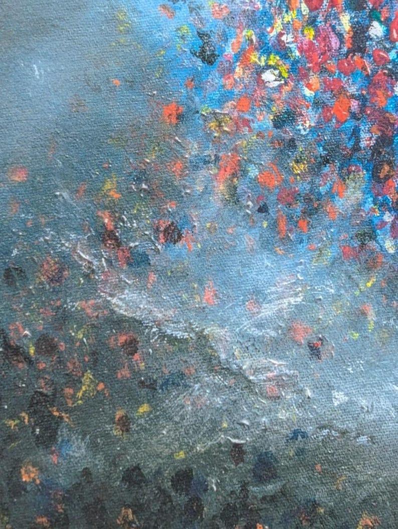 May include: An abstract painting on canvas featuring a textured surface with a gradient transition from a dark gray base to a vibrant upper section. The composition is filled with scattered dabs of red, orange, yellow, blue, and white paint.