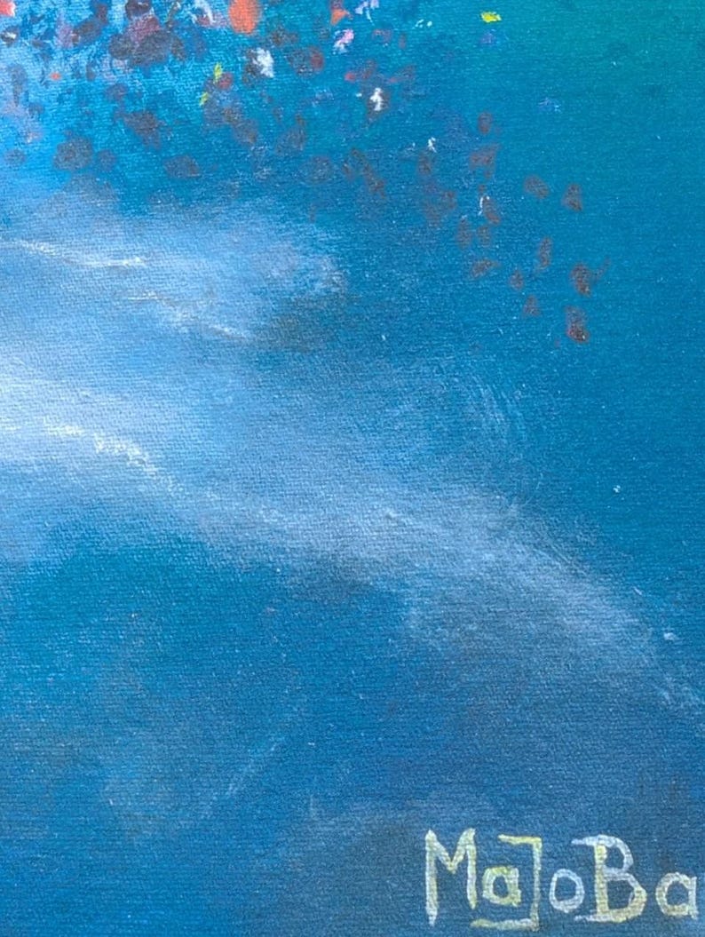 May include: A textured canvas painting featuring a deep blue background with a prominent white diagonal brushstroke across the center. The upper section displays scattered dark and orange paint splatters. The signature MaJoBa is in the bottom corner.