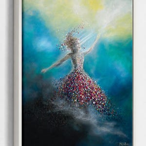 May include: A framed oil painting depicting a figure in a dress composed of colorful, scattered petals or confetti. The figure reaches toward a bright yellow light against a blue background. The signature MoJoBa is visible in the bottom right corner.