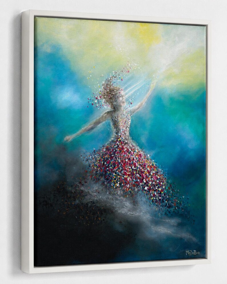 May include: A framed oil painting depicting a figure in a dress composed of colorful, scattered petals or confetti. The figure reaches toward a bright yellow light against a blue background. The signature MoJoBa is visible in the bottom right corner.