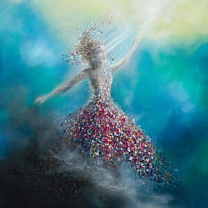 May include: An oil painting depicting a figure in a dress composed of colorful, scattered flower petals. The figure reaches toward a bright yellow light against a blue background. The lower portion of the dress dissolves into dark, swirling mist.
