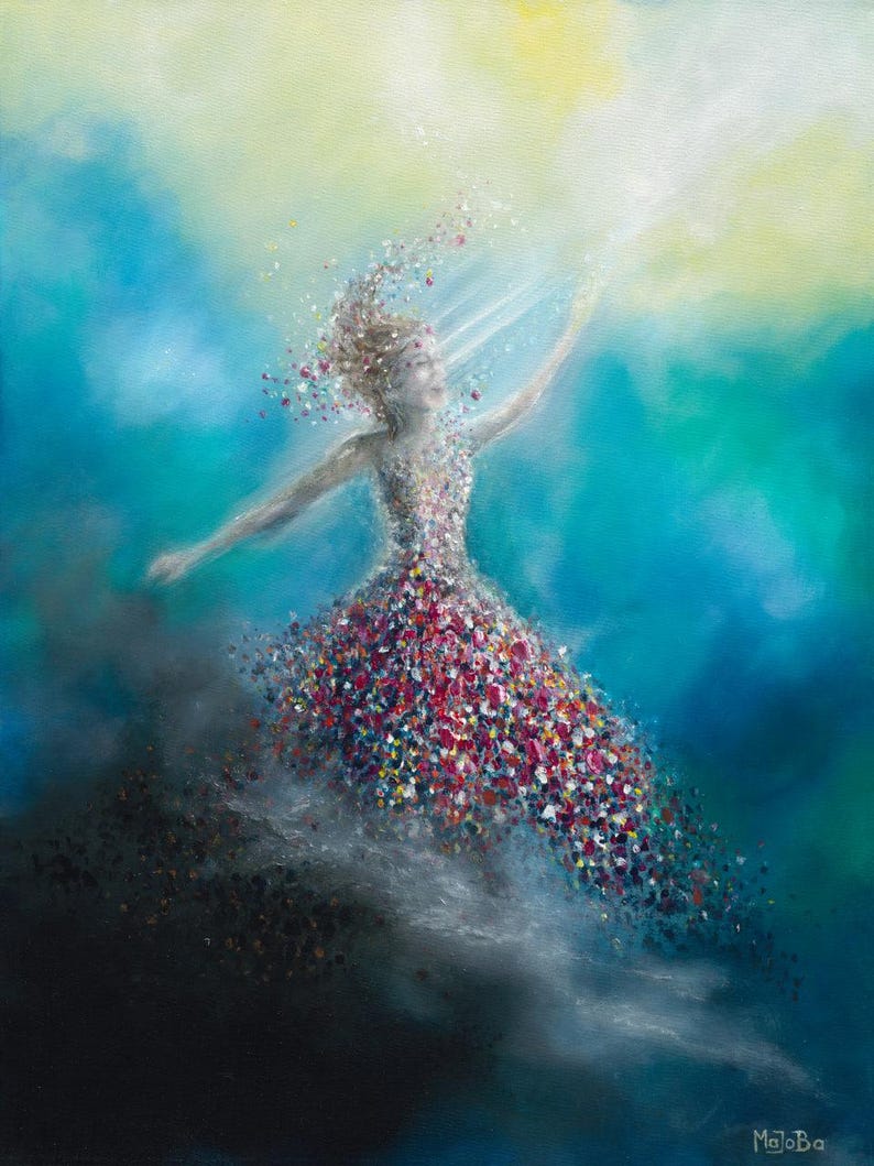 May include: An oil painting depicting a figure in a dress composed of colorful, scattered flower petals. The figure reaches toward a bright yellow light against a blue background. The lower portion of the dress dissolves into dark, swirling mist.