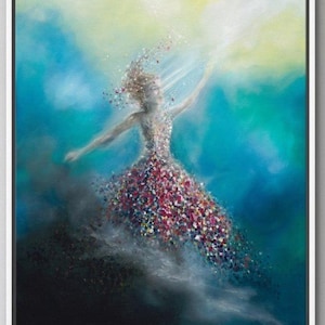 May include: An oil painting depicting a figure reaching toward a bright light, wearing a dress composed of multicolored floral-like dabs of paint that dissolve into the surrounding blue and yellow atmosphere. The artist signature MOJOBA is visible.