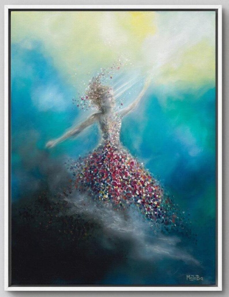 May include: An oil painting depicting a figure reaching toward a bright light, wearing a dress composed of multicolored floral-like dabs of paint that dissolve into the surrounding blue and yellow atmosphere. The artist signature MOJOBA is visible.