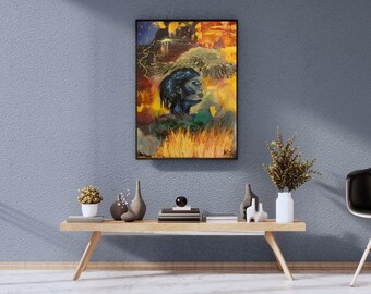FLAMING SOUL – abstraktes Frauenportrait mit Eule und Feuer, Print in 50 cm x 60 cm
