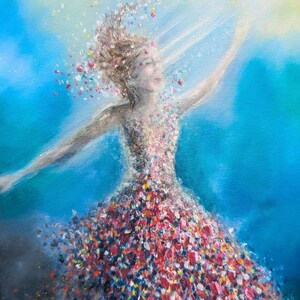 May include: An oil painting depicting a figure in a dress composed of vibrant, multi-colored floral brushstrokes. The figure reaches toward a bright light source, with petals appearing to scatter from the dress and hair into a blue background.