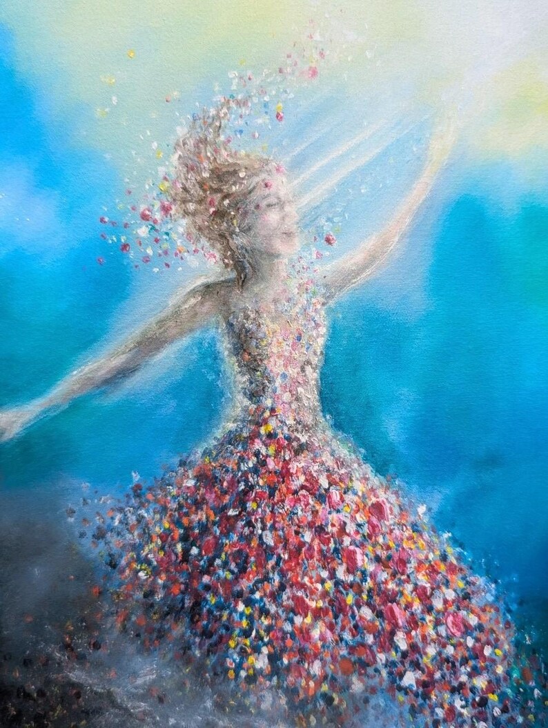 May include: An oil painting depicting a figure in a dress composed of vibrant, multi-colored floral brushstrokes. The figure reaches toward a bright light source, with petals appearing to scatter from the dress and hair into a blue background.