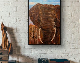 Elefanten- Wand- Kunst, Safari- Tier- Porträt, Fine Art Print, ausdrucksstarke Wildtier- Malerei