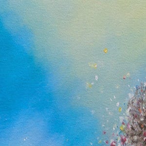 May include: An abstract oil painting on canvas featuring a gradient background transitioning from a soft pale yellow at the top to a vibrant blue at the bottom. A textured, dark, organic cluster sits in the lower right corner with colorful specks.