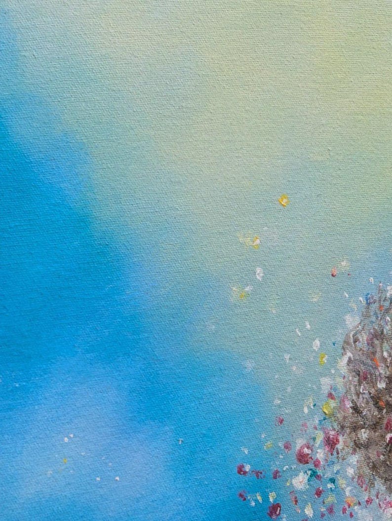 May include: An abstract oil painting on canvas featuring a gradient background transitioning from a soft pale yellow at the top to a vibrant blue at the bottom. A textured, dark, organic cluster sits in the lower right corner with colorful specks.