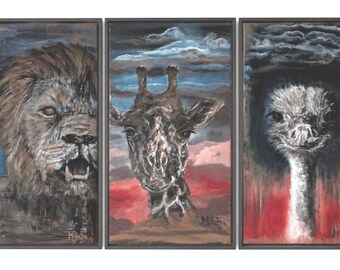 Afrikatiere- Wand- Kunst, Safari- Porträts, schöner Kunst- Druck, ausdrucksstarke Wildtier- Malerei