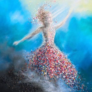 May include: An oil painting depicting a figure in motion against a blue and yellow background. The figure wears a dress composed of multicolored paint dabs that disperse into small particles, with similar colorful fragments rising from the hair.