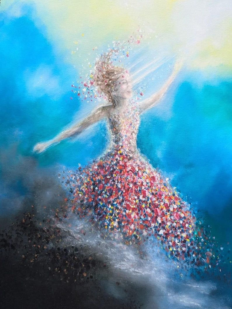 May include: An oil painting depicting a figure in motion against a blue and yellow background. The figure wears a dress composed of multicolored paint dabs that disperse into small particles, with similar colorful fragments rising from the hair.