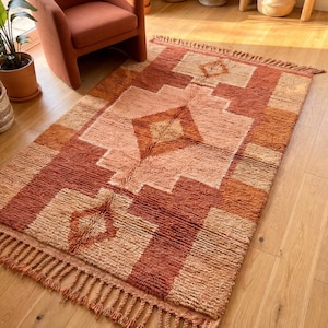 Moroccan Geometric Rug – Terracotta & Clay Tribal Pattern New Zealand Wool Boho Rug with Textured Pile