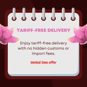 May include: A digital illustration of a notepad with the text "TARIFF-FREE DELIVERY". The notepad is surrounded by pink lotus flowers. The text below reads "Enjoy tariff-free delivery with no hidden customs or import fees."