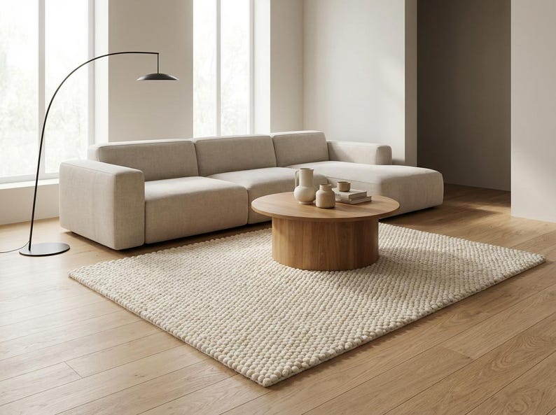 K&ouml;nnte beinhalten: Ein modernes Wohnzimmer mit einem hellbeigen Ecksofa, einem runden Couchtisch aus Holz und einem cremefarbenen Teppich. Eine schwarze Bogen-Stehleuchte und dekorative Vasen erg&auml;nzen das minimalistische Design. Der Raum hat Holzb&ouml;den und gro&szlig;e Fenster.