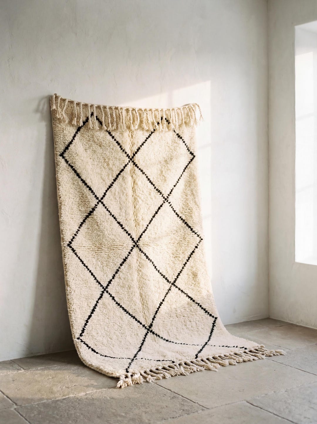 Moroccan Diamond Pattern Rug – Neutral Ivory Geometric Boho Rug With ...